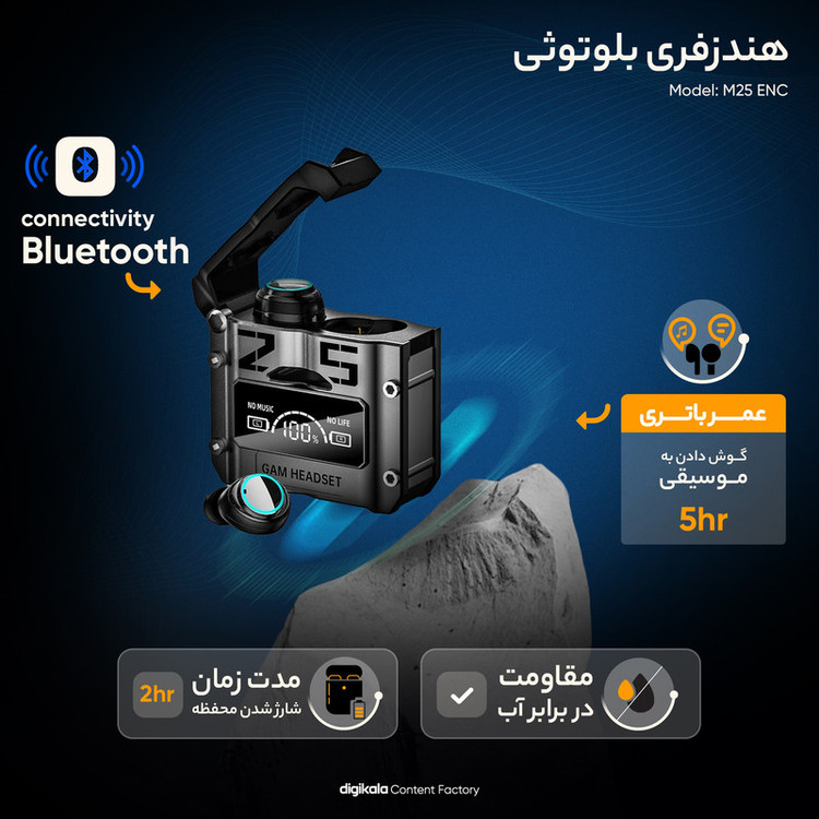 هدفون بلوتوثی دامیکس مدل M25 ENC با قابلیت نویز کنسلینگ، درگاه شارژ USB Type-C، دارای میکروفون داخلی، قابلیت استفاده به عنوان پاوربانک، دارای لامپ RGB، نمایشگر LED، دارای صفحه نمایش روی محفظه شارژ، مقاوم در برابر آب